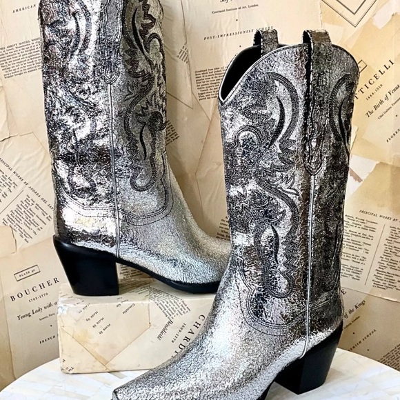 Free People Jeffrey Campbell Dagget Western Boot Silver Crackle Leather - Picture 8 of 10